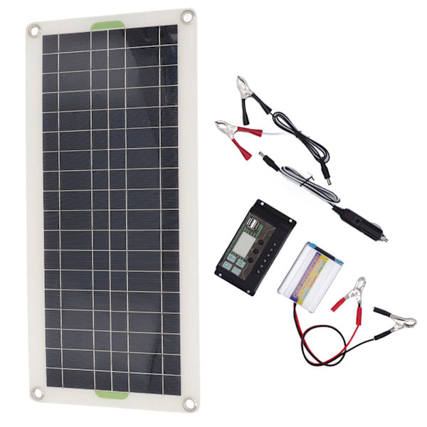 Kannettava aurinkopaneelisarja 12V 30W, 220W invertteriohjain, tehokas polykiteinen pii, 2 USB-porttia matkailuautoon, veneeseen, autoon