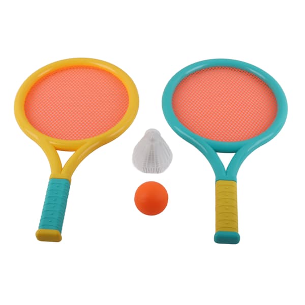 Børne badmintonketsjer, skridsikker, holdbar, elastisk, bærbar tennisketsjer sæt til børn, 2 ketsjere, 2 bolde, blå, gul