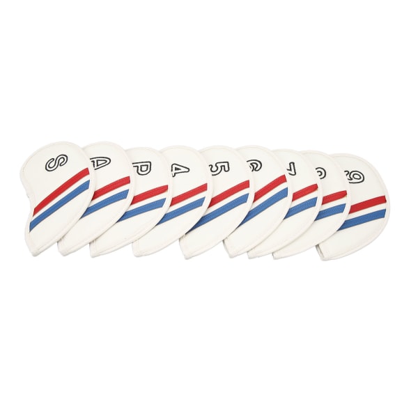 Golfkøllehodedekselsett - 9 stk PU Lichee-mønster dobbel skråbroderi, krok- og løkkelukking, hvit
