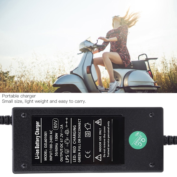 60V 12AH Portabel Universell Batteriladdare i Plast för Elektrisk Skoter Cykel DC67.2V 2A EU-kontakt 100-240V