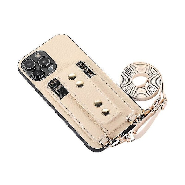 Lær Crossbody Lommebokveske for iPhone 14 Pro Max/14 Pro/14 Plus/14 med Håndleddsrem iPhone 14 Pro Max Beige