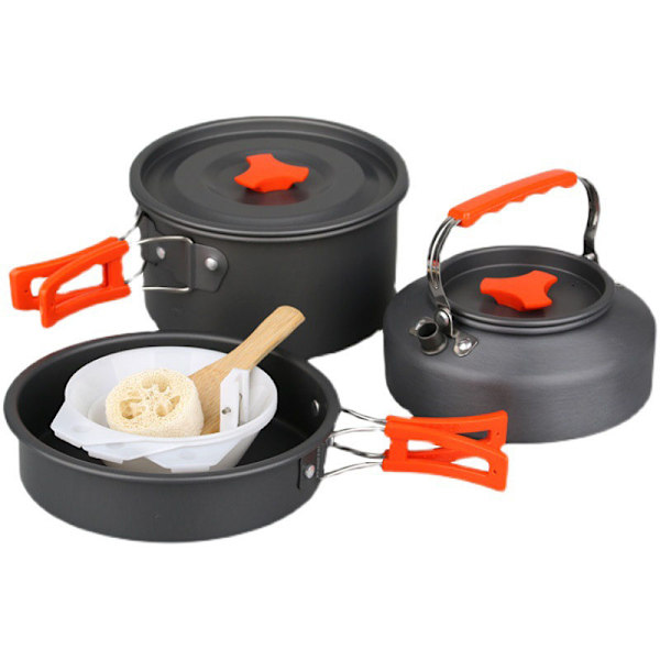 Camping Cooking Pot Set Aluminum Alloy Hard Oxidized Pot Pan Kettle Camping Cookware Set with Foldable Handle