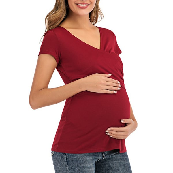 Maternity Short Sleeve Vinrød Dyb V-hals Kryds Rundt Søm Komfortabel Blød Åndbar Top til Gravide Kvinder L