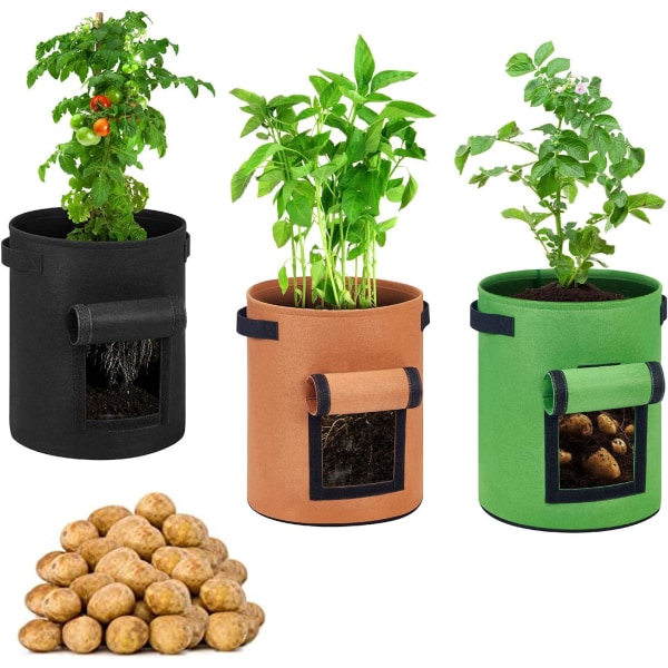 Sett med 3 potetplanteposer med stropphåndtak, 7 gallons ikke-vevde, pustende grønnsaksdyrkingsposer for potet/gulrot (pakke med 3)