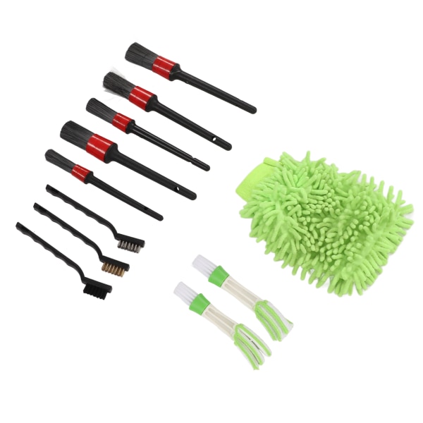 Bilrengjøringsbørstesett - 11 stk innvendige og utvendige børster for plast, hjul, frontrute, vindusvisker og vindusglass (grønt)