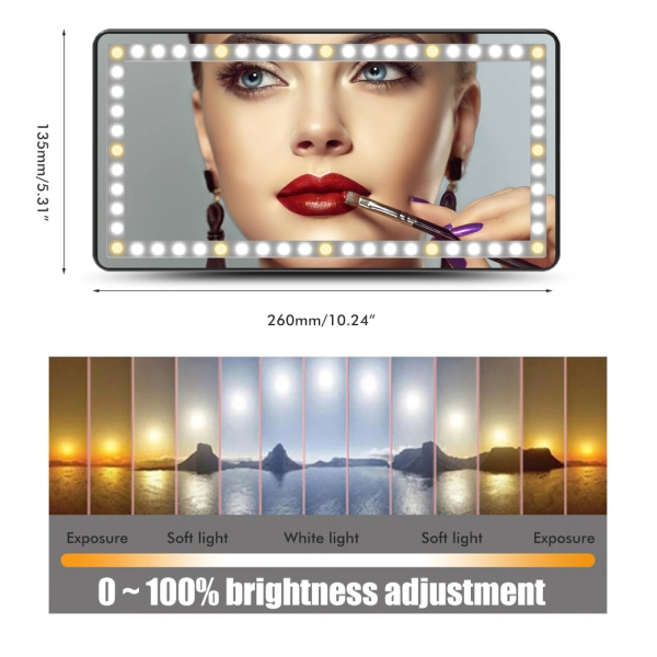 LED-belyst bilvisir makeupspejl - dæmpbar, genopladelig, 3 lystilstande
