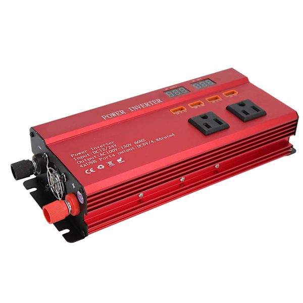 Bilstrømvekselretter 700W, DC 12V/24V til AC 110V-omformer, Modifisert sinusbølge, Dobbel LED-skjerm, 3 US-uttak, 4 USB-porter