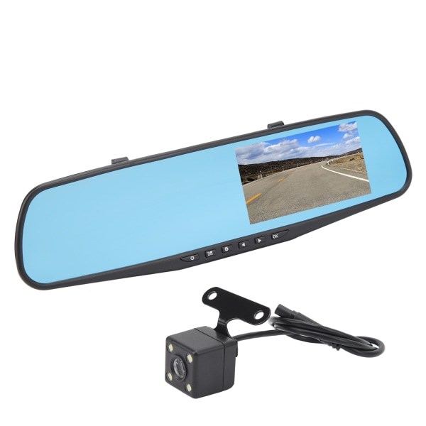 Smart ryggspeilkamera - Dual Lens 1080P HD Speil Dash Cam, 4,3 tommers antirefleks, parkeringsskjerm, 64G minnekort