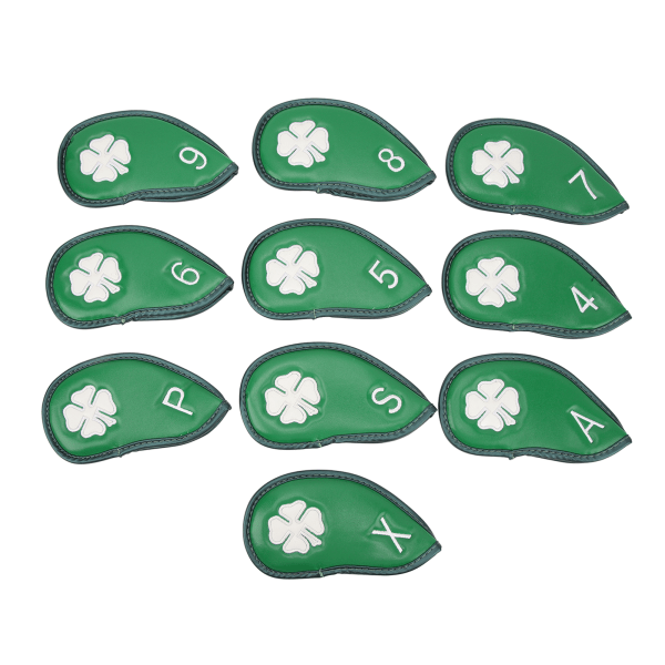 Delikat vanntett golfjerndekselsett - Grønn firkløverdesign - Passer de fleste køller - 10 stk.