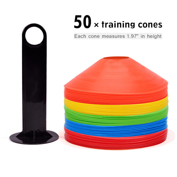 50 stk. fodboldkegler, 19 cm diameter, 5 cm høje, fleksible PE-kegler i assorterede farver med rund base