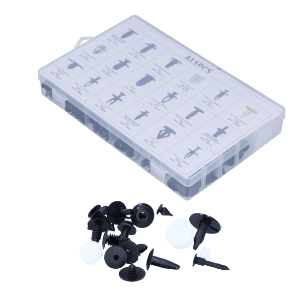 Bilholderclips sortiment - 415 stk, 18 sorter, plastikfæster, trykstifter, karrosserinitter