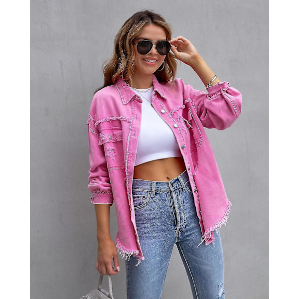 Stylish and Durable Ripped Denim Jacket for Home, Vacation, Travel, and Shopping S Pink