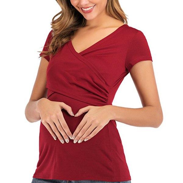 Maternity Short Sleeve Vinrød Dyb V-hals Kryds Rundt Hjem Komfortabel Blød Åndbar Top til Gravide Kvinder XL