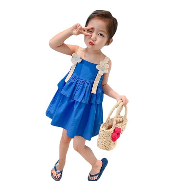 Girl Strap Dress Summer Fashionable Elegant Flower Shaped Decor Layered Dress for Daily Life Party Blue 100