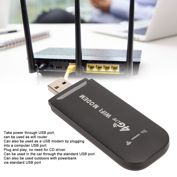 Bärbar 4G LTE USB WiFi-router - 150 Mbps, stöder 10 användare - Svart