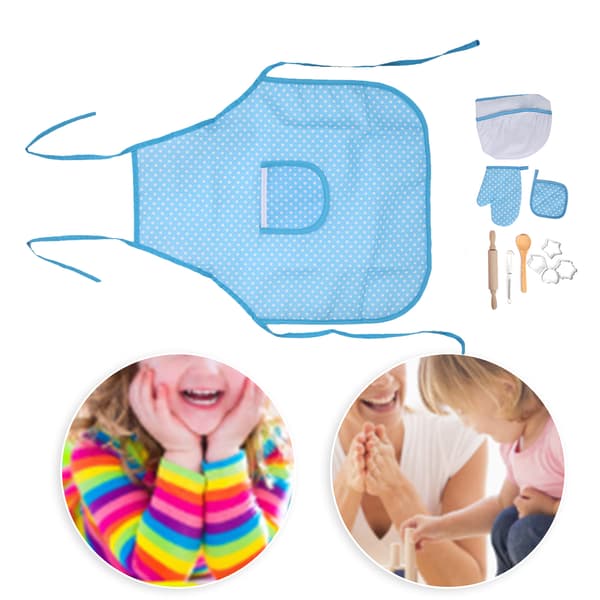 DIY Matlaging Baking Sett for Barn Kjøkken Rollespill Forkle Leker Gave Blå Prikk