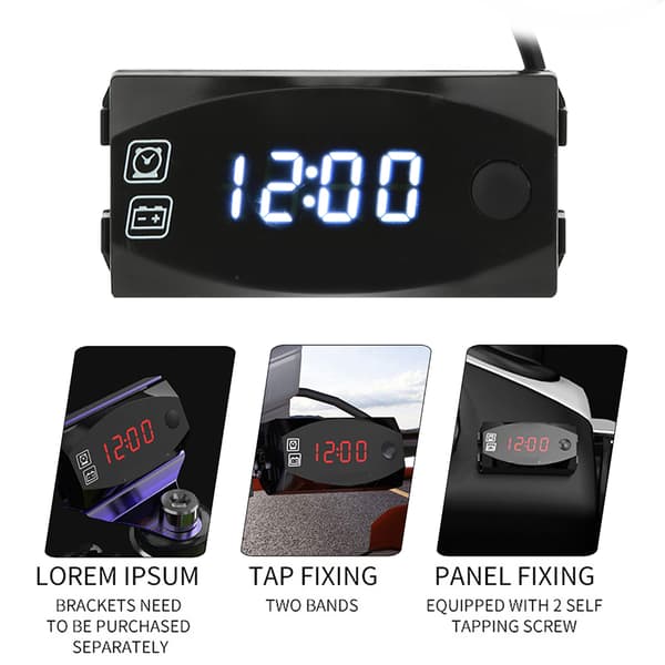 Motorcykel 2-i-1 LED Voltmeter Elektronisk Ur Vandtæt Digital Display