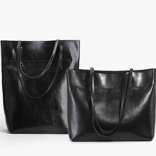 Snygg Svart Vaxad Läder Tote Bag 38x28x13cm Perfekt för Dagligt Bruk black About 38*28*13cm