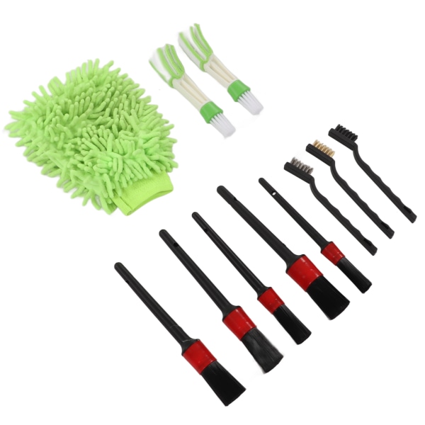 Bilrengjøringsbørstesett - 11 stk innvendige og utvendige børster for plast, hjul, frontrute, vindusvisker og vindusglass (grønt)