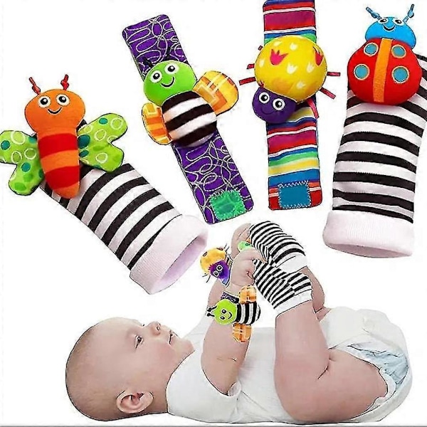 4-delars set med babyhandledsbandssockor, tecknad skallra, nyfödda bomullsstrumpor, söta djur