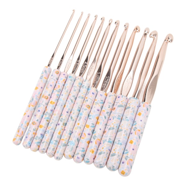 Elegante heklenåler i aluminium i 12 størrelser med ergonomisk blått blomstermønstret håndtak for DIY-håndhekling