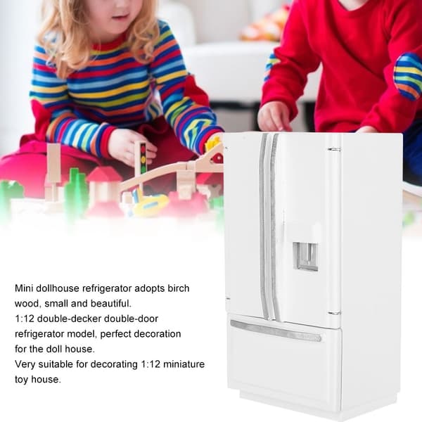 1:12 Mini Björk Trä Dubbeldörr Dubbeldäck Simuleringskylskåp Modell för Dockhus Vit med Silverdetaljer