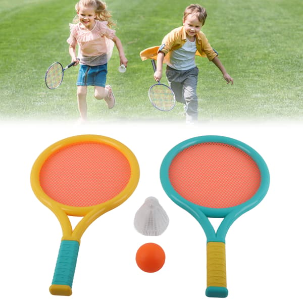 Børne badmintonketsjer, skridsikker, holdbar, elastisk, bærbar tennisketsjer sæt til børn, 2 ketsjere, 2 bolde, blå, gul