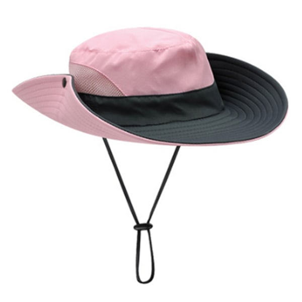 Solhatt for kvinner med justerbar tau-bånd, hurtig tørking, pustende mesh, bred brem, fiskehatt med fløyte, rosa