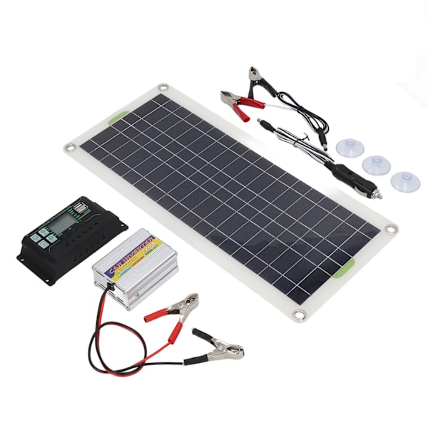 Kannettava aurinkopaneelisarja 12V 30W, 220W invertteriohjain, tehokas polykiteinen pii, 2 USB-porttia matkailuautoon, veneeseen, autoon