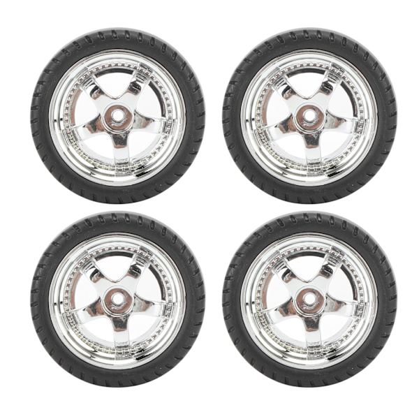 RC bildæksæt til AE86 - 4 stk plastnav gummidæk, 3,3 cm diameter, 1,2 cm bredde, sølv