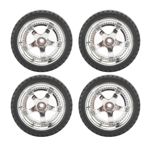 RC-dekksett for AE86 - 4 stk plastnav gummihjul, 3,3 cm diameter, 1,2 cm bredde, sølv