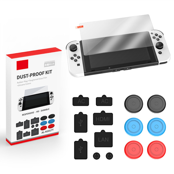 Näytönsuojakalvo, pölynkorkit, peukalokahvat ja helppo asennus - suojaussarja Switch OLED:lle