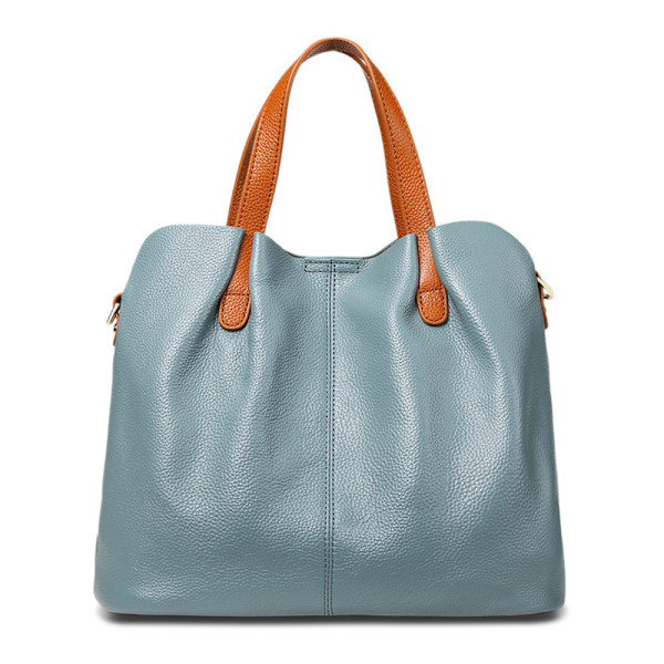 Rummelig Blå Læder Tote Taske Ægte Kødkvægslæder Kvinders Crossbody Taske Flax blue About 33*15*25cm