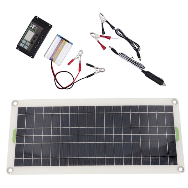 Kannettava aurinkopaneelisarja 12V 30W, 220W invertteriohjain, tehokas polykiteinen pii, 2 USB-porttia matkailuautoon, veneeseen, autoon