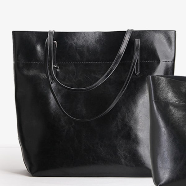 Stilful Sort Vokset Læder Tote Bag 38x28x13cm Perfekt til Daglig Brug black About 38*28*13cm