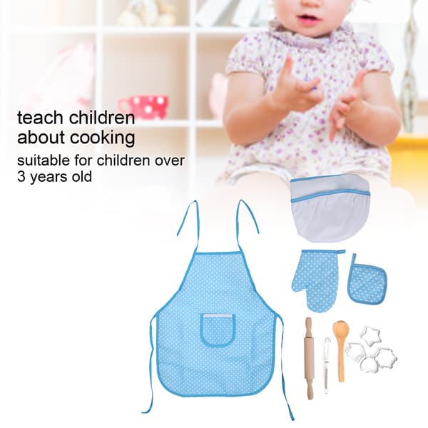 DIY Matlaging Baking Sett for Barn Kjøkken Rollespill Forkle Leker Gave Blå Prikk