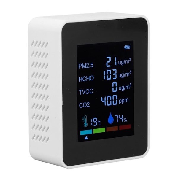 Multifunksjonell 6 i 1 CO2-måler Luftkvalitetsmonitor Temperatur PM2.5 TVOC HCHO-detektor USB-lading Hvit