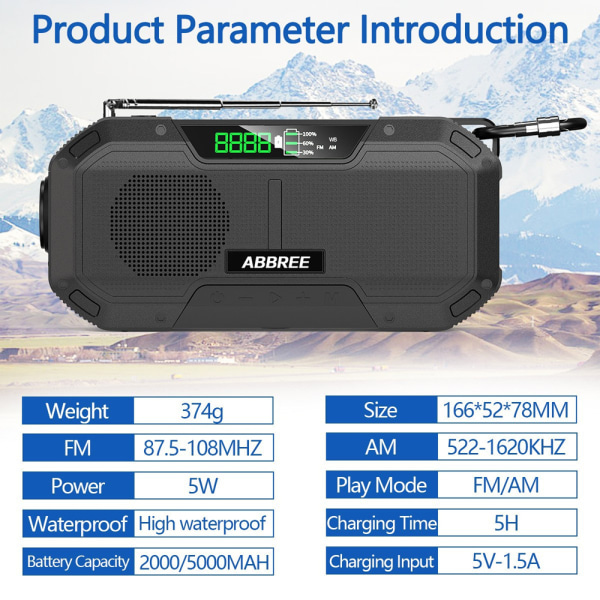 Vanntett Nødradio Auto Scan Håndsveiv Batteridrevet Solcelledrevet Radio AM/FM/WB Radio SOS Bordlampe Lommelykt Black 5000mAh