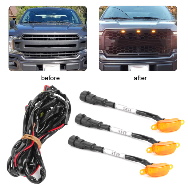 Bilgrillbelysning (3 stk) med kabelbånd - Perfekt passform for Ford F-150 Raptor 2010-2014 2017-up - Gul linse, gult lys