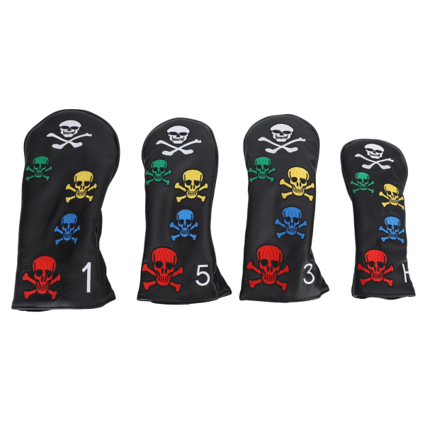 Skull Golf Club Hodetrekk sett med 4 - Fargerik skjelettdesign for tre og strykejern (svart)