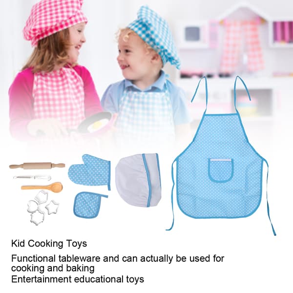 DIY Matlaging Baking Sett for Barn Kjøkken Rollespill Forkle Leker Gave Blå Prikk