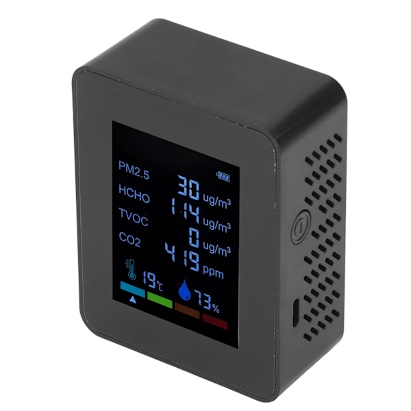 Multifunktionel 6 i 1 CO2-måler Luftkvalitetsmonitor Temperatur PM2.5 TVOC HCHO-detektor USB-opladning Sort