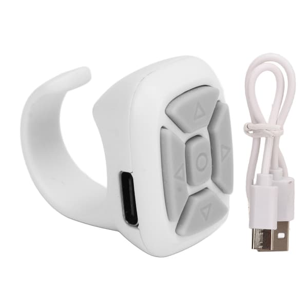 Remote Control Ring Mobile Phone Bluetooth Remote Control Camera Shutter Selfie Button for Video Scrolling Click Like White