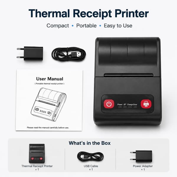 58 mm mini termoprinter, USB og Bluetooth, kompatibel med Android iOS Windows, bærbar