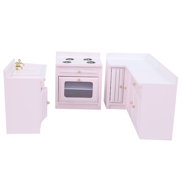 1:12 Mini puinen nukketalo integroitu keittiökaluste Miniatyyri käsintehty talo PinkKitchen-yksikkö