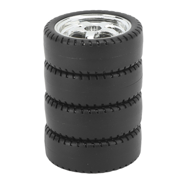 RC bildæksæt til AE86 - 4 stk plastnav gummidæk, 3,3 cm diameter, 1,2 cm bredde, sølv