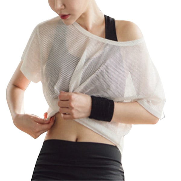Mesh Overdel med Korte Ermer Hurtigttørkende Løstsittende Kvinne Mesh T-skjorte for Sommer Trening Yoga Sykling Hvit S