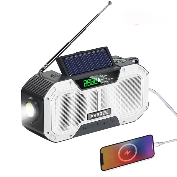 Vanntett nødradio med automatisk skanning, håndsveiv, batteridrevet solcelledrevet radio AM/FM/WB radio SOS bordlampe lommelykt White 2000mAh