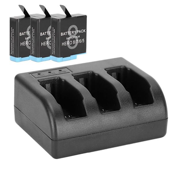 Svart Oppladbart Batteri & 3-kanals Lader for GoPro Hero 8/7/6/5