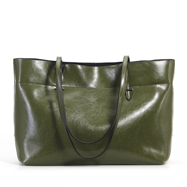 Mörkgrön vaxad lädertote Casual axelremsväska 38x28x13 cm Dark green About 38*28*13cm